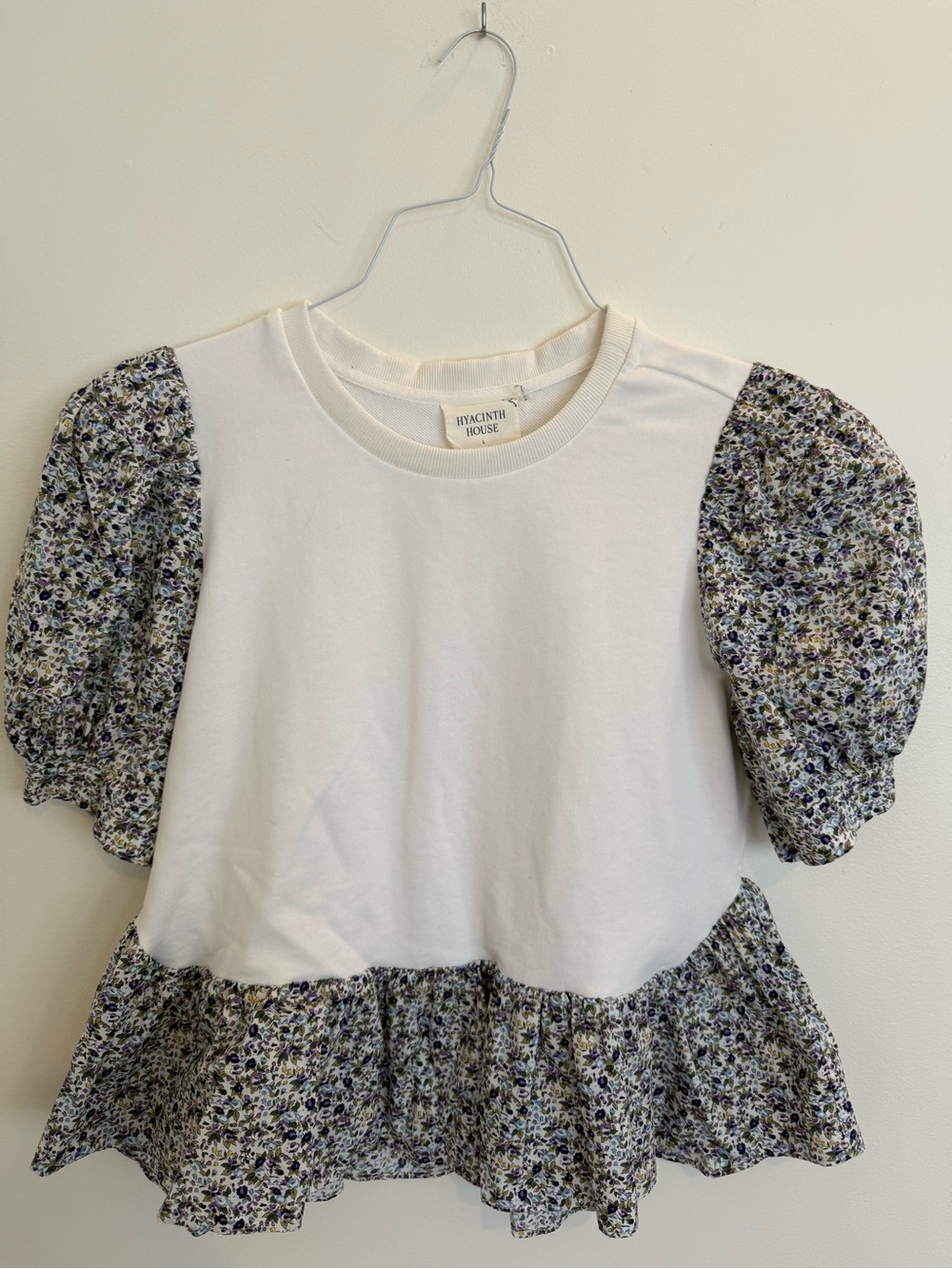 Hyacinth House Girls' White Top with Floral Puff Sleeves and Peplum